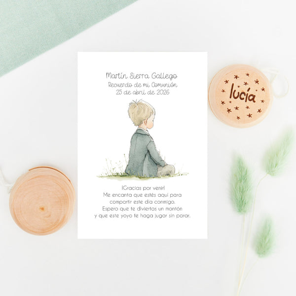 Yoyo de madera con tarjeta, como regalo para los invitados más peques en comuniones, de la colección boho